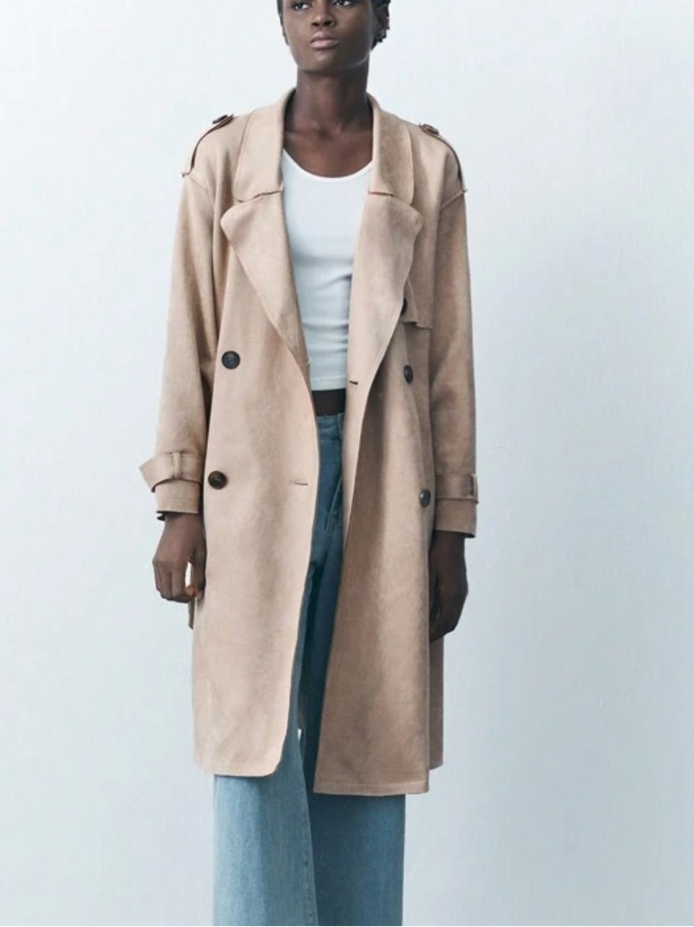 Faux suede Beige cream light tan Trench Coat - Picture 6 of 7